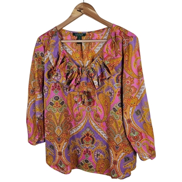 Lauren Ralph Lauren Paisley Ruffle Neck Blouse Womens Sz Large Cotton Casual - Picture 2 of 12